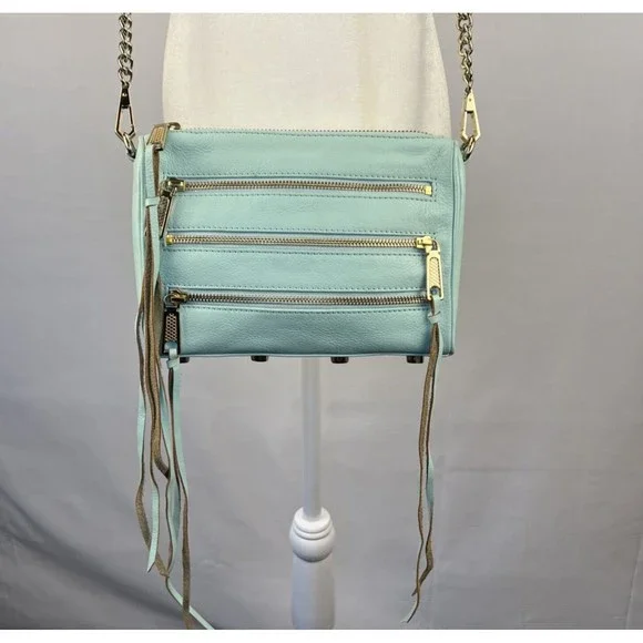 Rebecca Minkoff Crossbody Mini Bag Leather Purse Studded 5 Zip Mint Clutch Tote - Picture 7 of 16